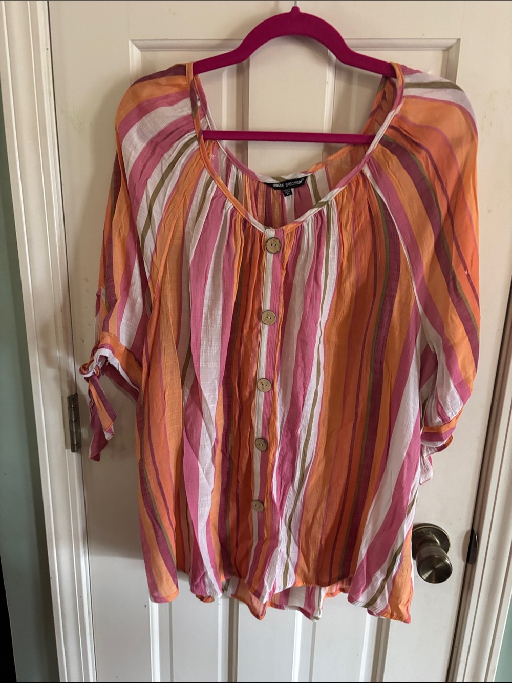 Unique Spectrum Pink Orange Striped Button Blouse